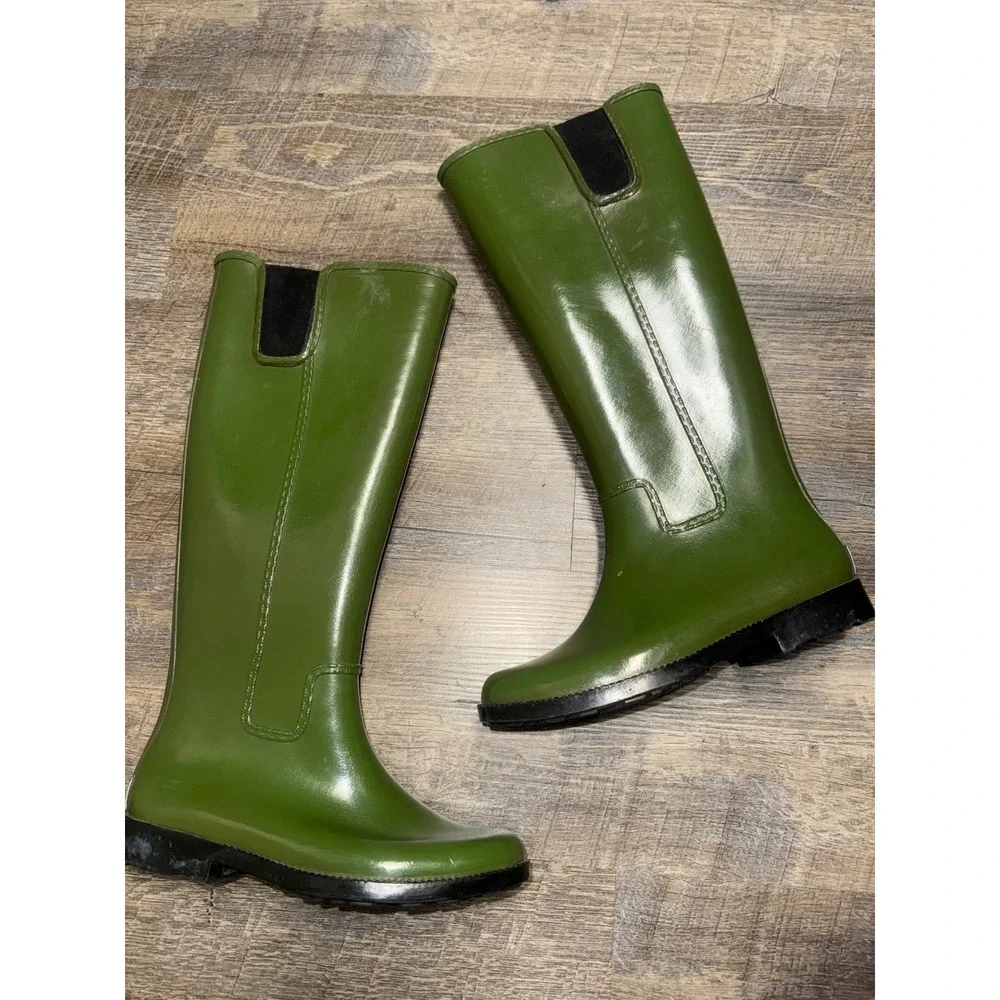 Michael Kors Womens Green Rubber Rain Boots Glossy Tall Lug Sole Size 6